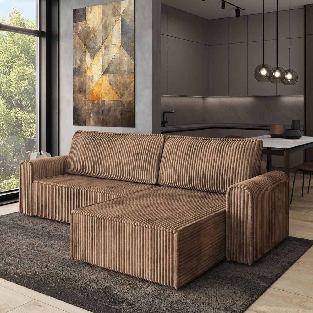 Masseno Ecksofa VALTINO mit Schlaffunktion L-Form, Sofa mit Bettkasten, Wohnzimmersofa, Couch, Soffa, Bettsofa, Couchgarnitur- Beige, TILIA 17