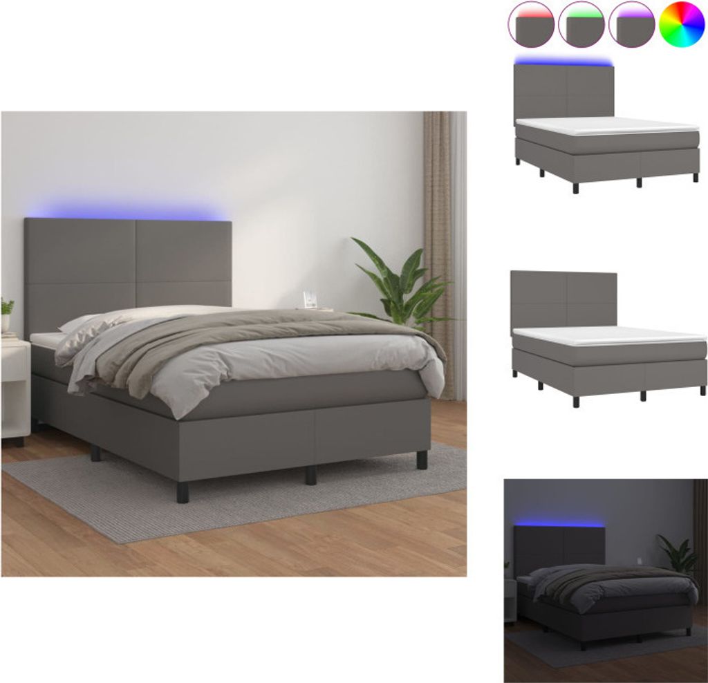 vidaXL Boxspringbett mit Matratze & LED Grau 140x200 cm Kunstleder - Betten & Bettgestelle