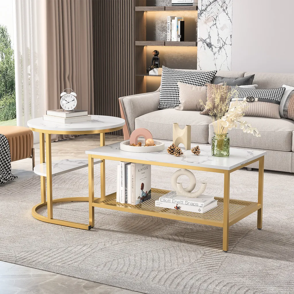 Set 2 Tavolini Rettangolari Marmo Stampato Oro | Piedini Regolabili