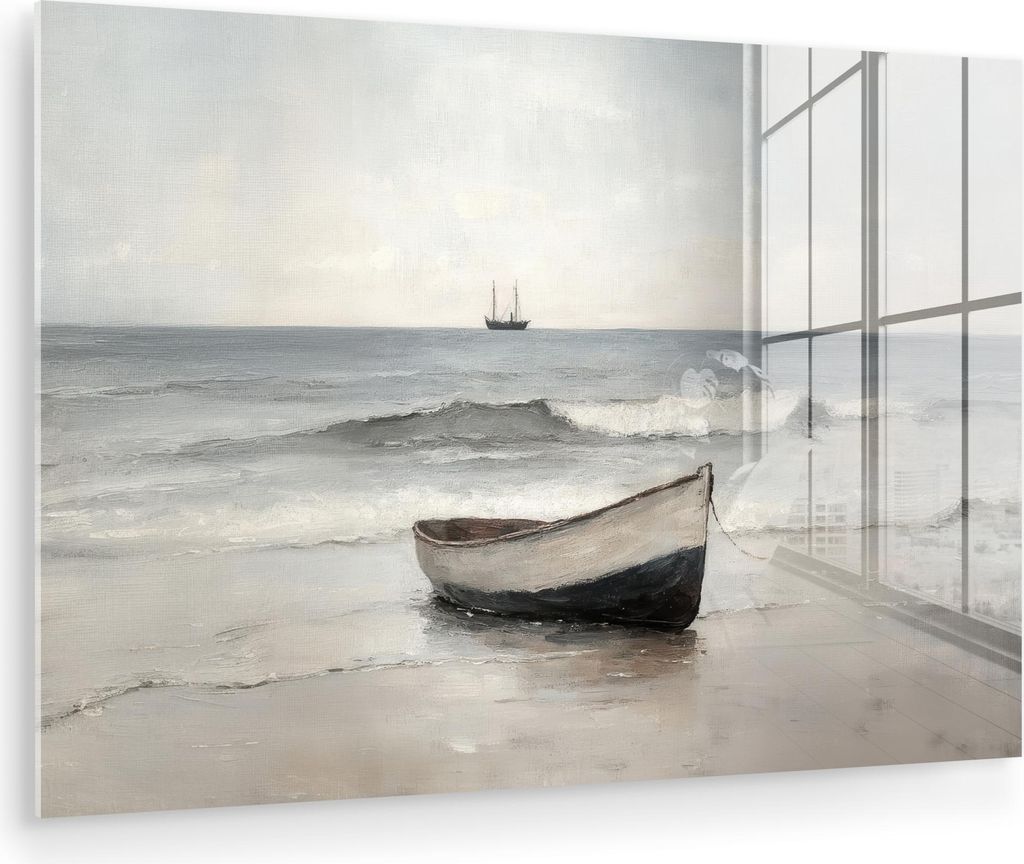 MuchoWow Glasbilder - Bilder auf Wandbild - Foto auf Glas Ruderboot - Meer - Horizont 120x80 cm Wanddekoration aus Glas - Acrylglasbild - Acrylbild...