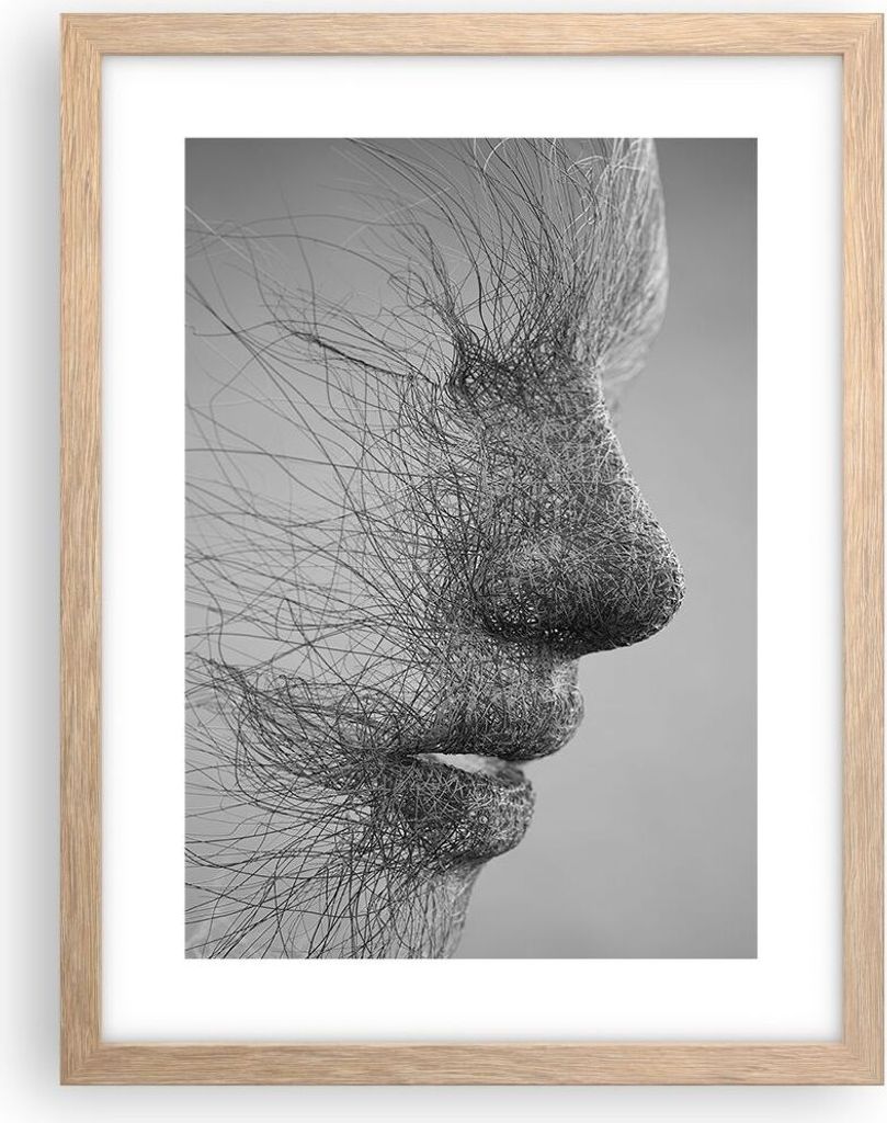 Gerahmtes Poster - Rahmen in heller Eiche - Gesicht Grafiken Fäden - 30x40 cm - Wand Bild - Wanddeko - Wandbilder - Wandposter - Bilderrahmen - Bi...