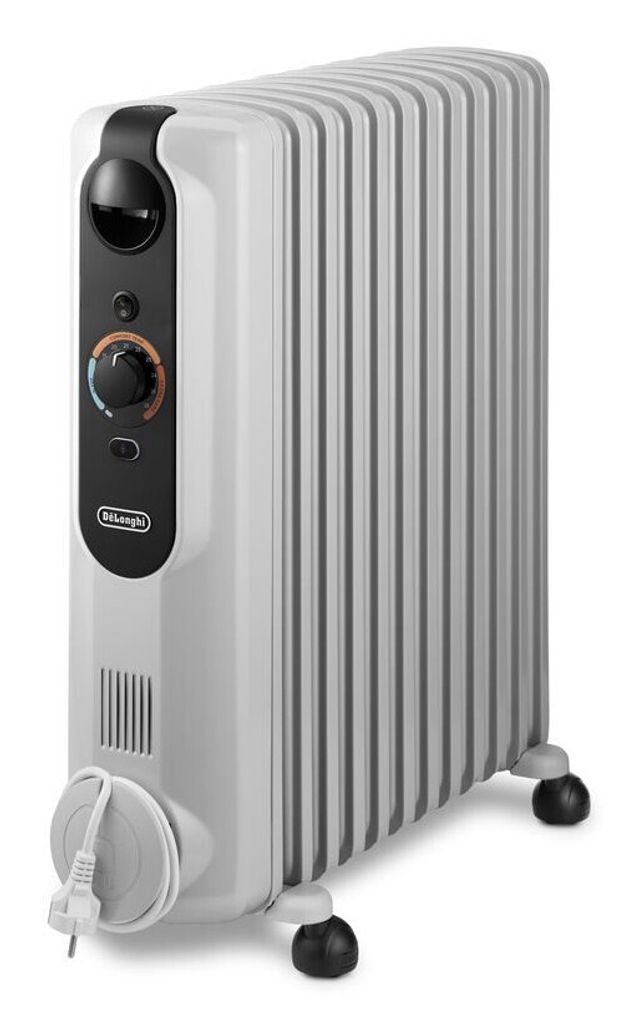 A white oil-filled radiator with black controls and wheels, shown on a white background.