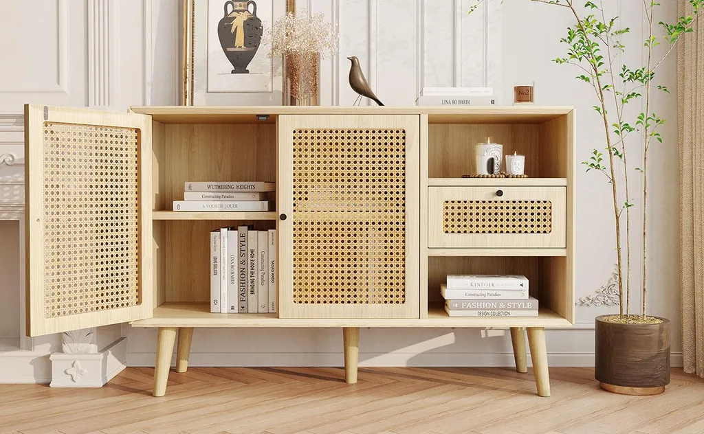 Commode de Salon avec Portes en Rotin, Buffet Bas 120cm Style Bohème - 6
