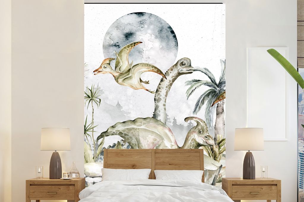 MuchoWow Fototapete für Wohnzimmer oder Schlafzimmer Wandtapete Vinyl Motivtapete Dinosaurier - Kinder - Dschungel - Grün - Tiere - Natur - 180...