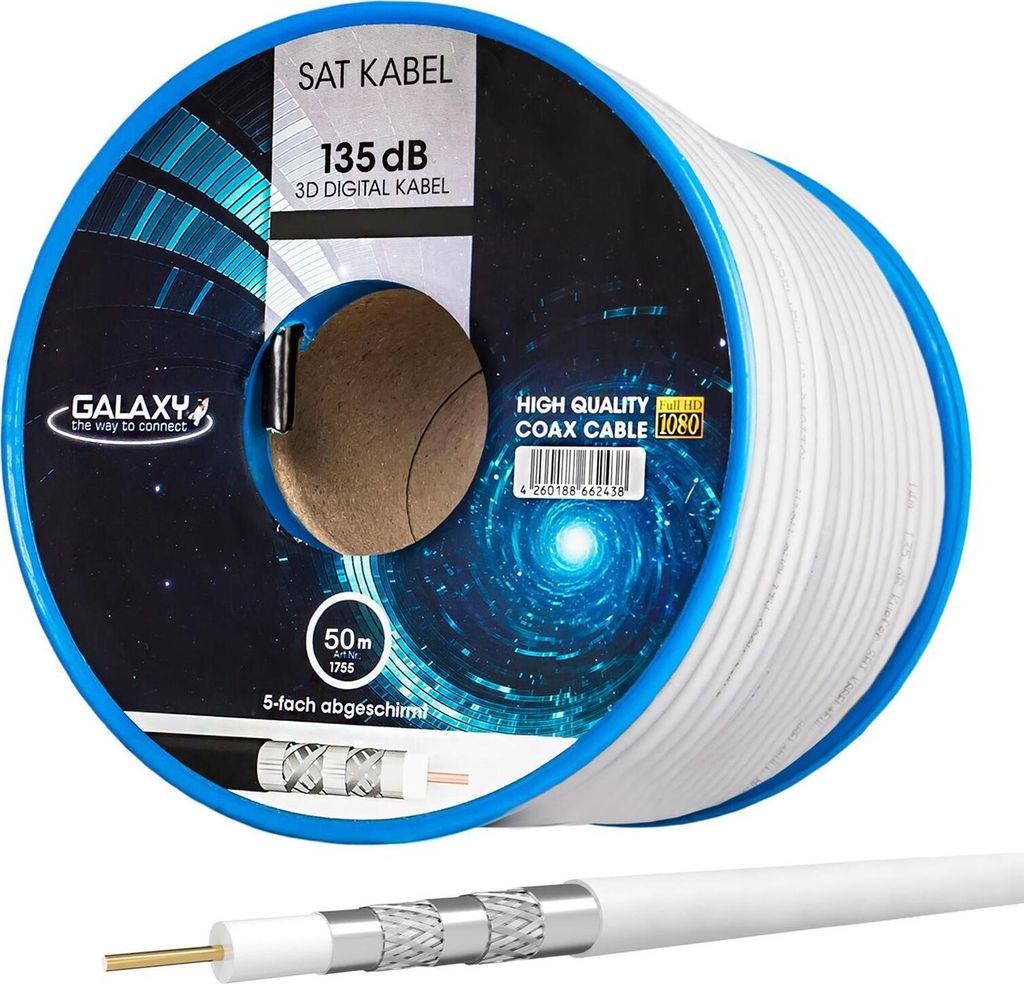 hb-digital 50m Koaxialkabel Galaxy mit Außen Durchmesser 7mm 135dB 5-Fach geschirmt Stahl Kupfer weiß