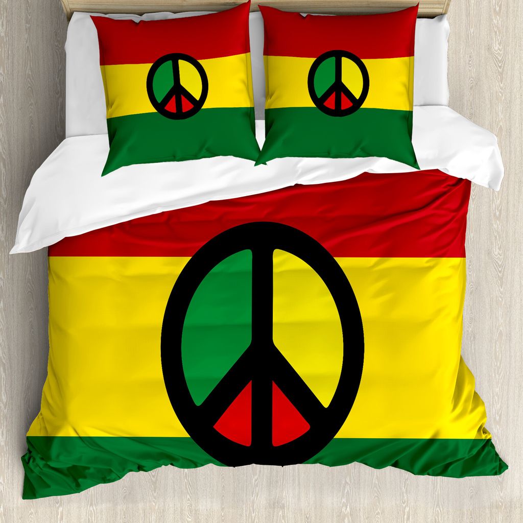 ABAKUHAUS jamaikanisch Bettbezug, Reggae Kultur Frieden, Milbensicher Allergiker geeignet mit Kissenbezügen, 200 cm x 200 cm - 80 x 80 cm, Mehrfarbig