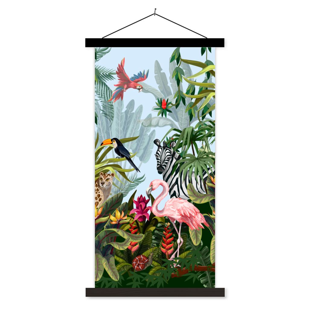 MuchoWow Textilposter Dschungel - Natur - Jungen - Mädchen - Kinder - Zebra - Flamingo 60x120 cm mit schwarzem Rahmen - Magnete