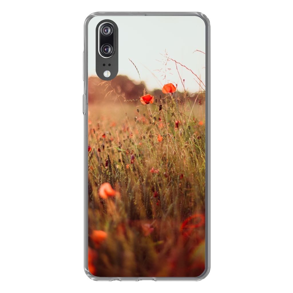 MuchoWow Handyhülle Schutzhülle Hülle für Huawei P20 Sonnenuntergang - Blumen - Rot Silikon Softcase Handy Hülle - Hardcover