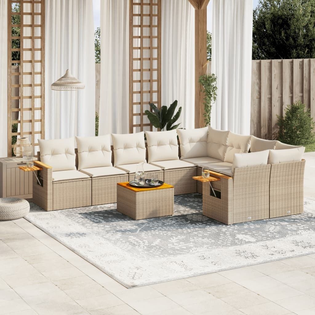 Design 10-tlg. Garten-Sofagarnitur mit Kissen Beige Poly Rattan, Gartenmöbel-Sets 2024 Neu
