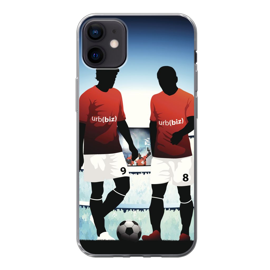 MuchoWow Handyhülle Schutzhülle Hülle für iPhone 12 mini Eine Illustration von zwei Fußballspielern in einem Stadion - Jungen - Mädchen - K...