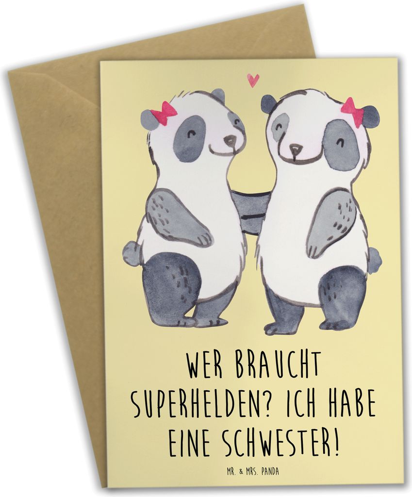 Mr. & Mrs. Panda Glückwunschkarte Liebe Schwester - Gelb Pastell - Geschenk, Geschenke, dankeskarten, Familie, Grußkarten, Familiengeschenk, weih...