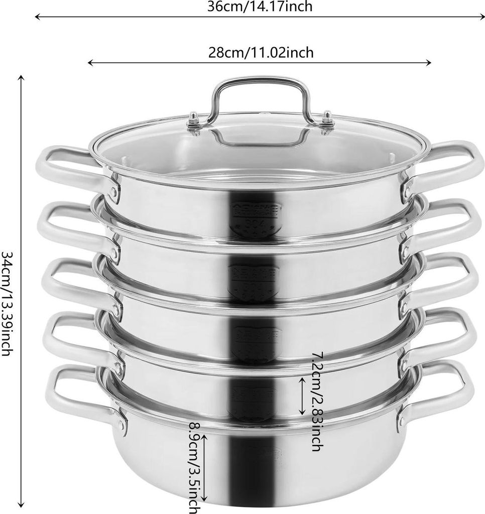 Dampfgarer Topf - Dampftopf - Stapelbar, 5-lagig - 304 Edelstahl - Für Gas- & Induktionsherd - 28 cm