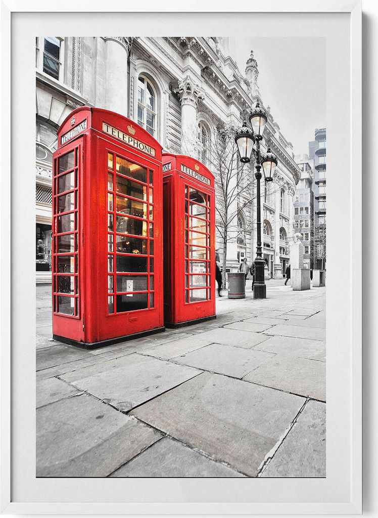 Rote Telefonzellen in London– Wandbild mit Rahmen – Gerahmtes Bild – Wanddekoration – 70x100 cm – Weiß Rahmen