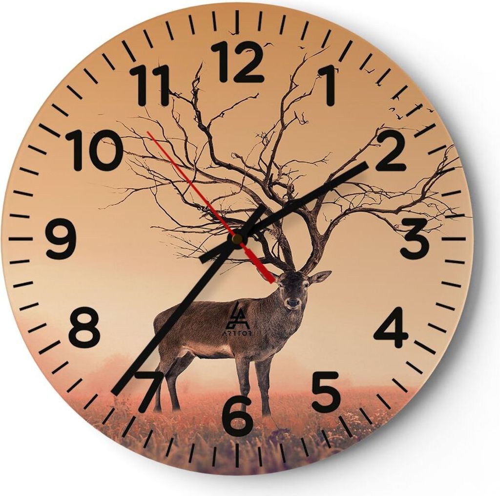 Wanduhr - Rund - Glasuhr - Hirsch Baum Nebel Wald - 40x40cm - Schleichendes Uhrwerk - Lautlos - zum Aufhängen bereit - Dekoration Modern - Wanddek...