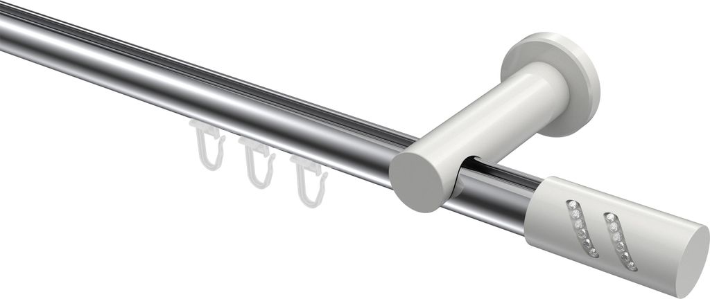 Interdeco Innenlaufstange / Gardinenstange mit Innenlauf Chrom / Weiß, Typ Platon Zoena (Glitzerzylinder), 20 mm Ø 1-läufig, 280 cm