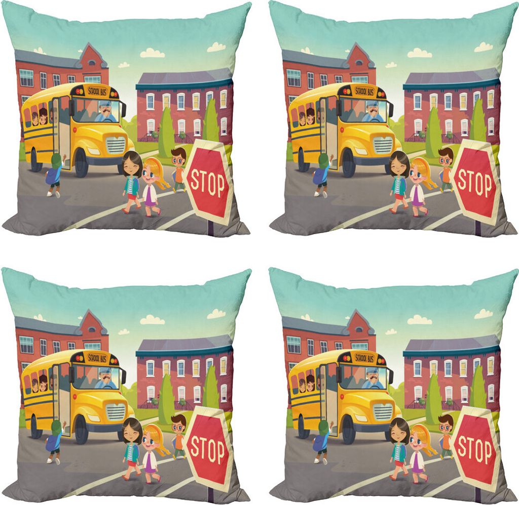 ABAKUHAUS Schulbus Kissenbezug Set (4 Stück), Zurück in der Schule Sicherheit, Moderner Doppelseitiger Digitaldruck, 60 cm x 60 cm, Mehrfarbig