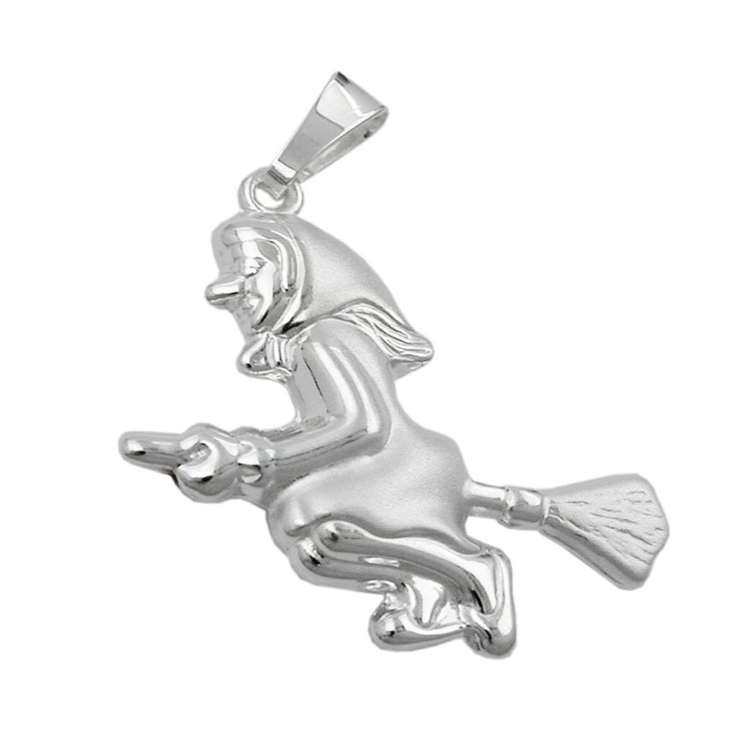 Hexe mit Besen - Anhänger aus echtem 925 Silber Silberanhänger für Damen