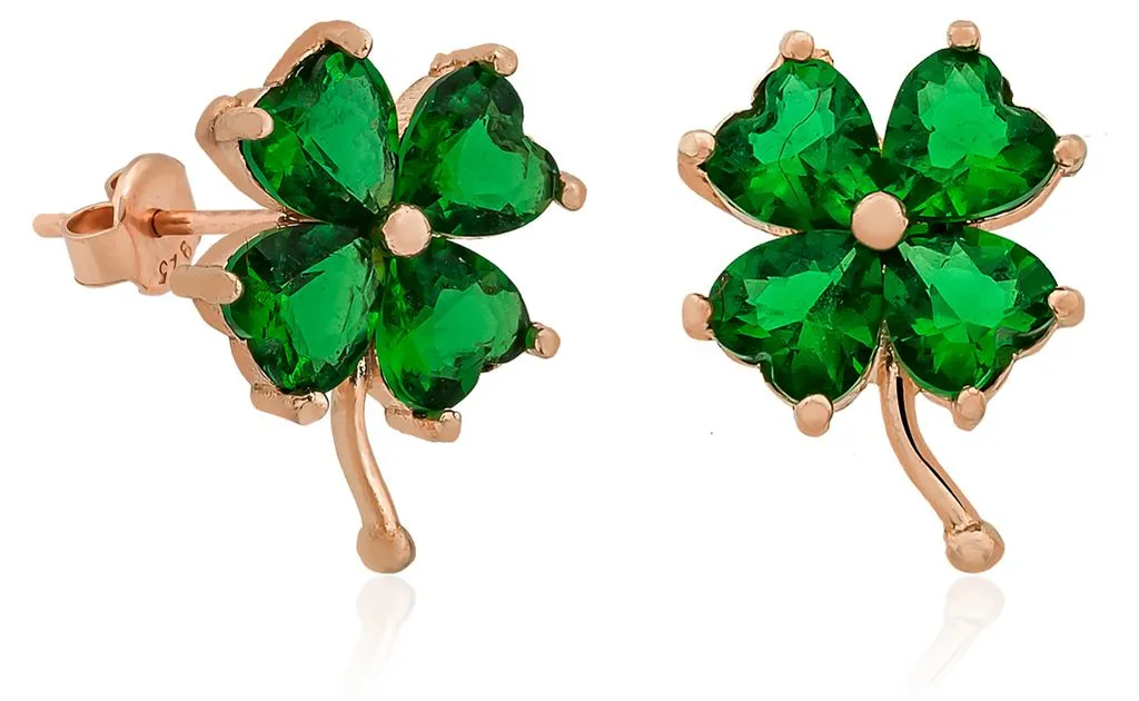 Boucles d'oreilles trèfle en or rose et argent, serties de vert, 8mm