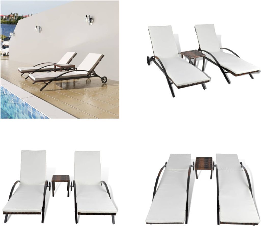 vidaXL Sonnenliegen mit Tisch Poly Rattan Braun - Liegestuhl - Liegestühle - Liege - Liegen