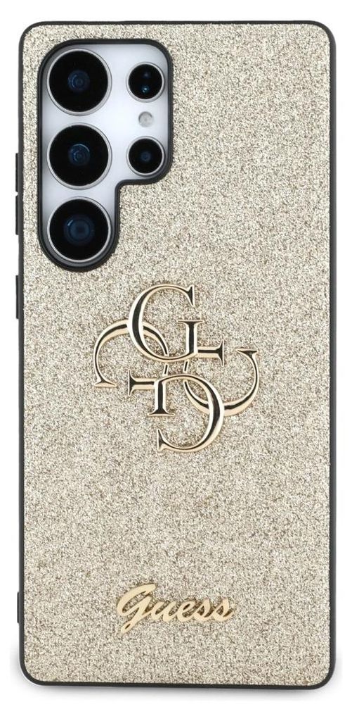 A close-up, studio shot of a phone case with glitter and brand logos.