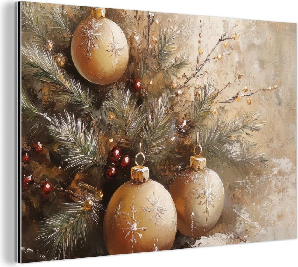 MuchoWow Wanddekoration Metall Metallbild Wandkunst 90x60 cm Weihnachten - Kugeln - Beige - Gold MuchoWow Aluminium Gemälde - Wandbilder