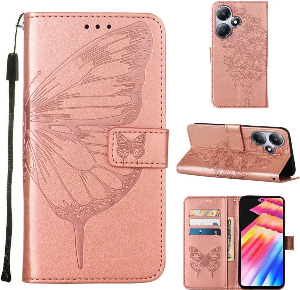 Custodia per Infinix Hot 30 Play NFC Butterfly Relief Custodia in pelle con tasca per carte e supporto rosa