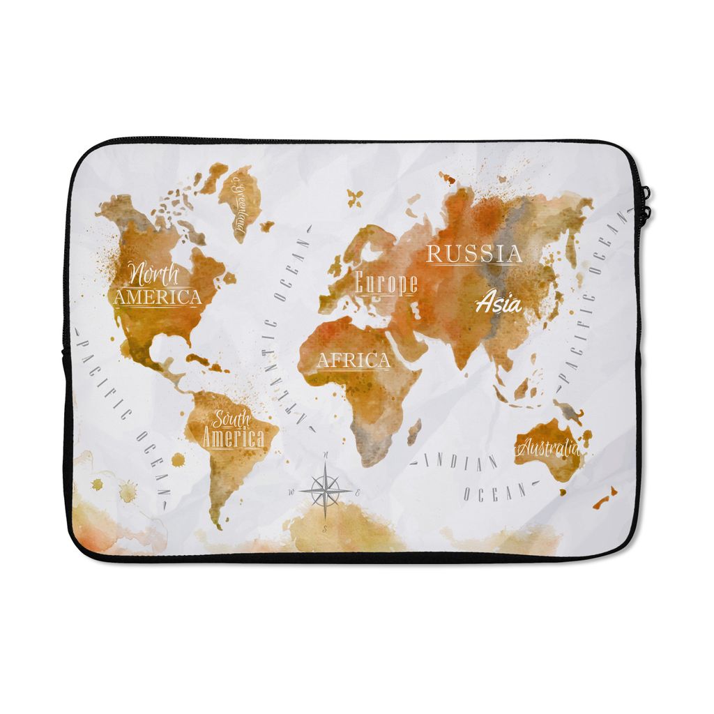 MuchoWow Laptop Hülle 14 ZollWeltkarte - Braun - Farbe Laptoptasche - Laptoptasche - Stoßsicher - Schutzhaube