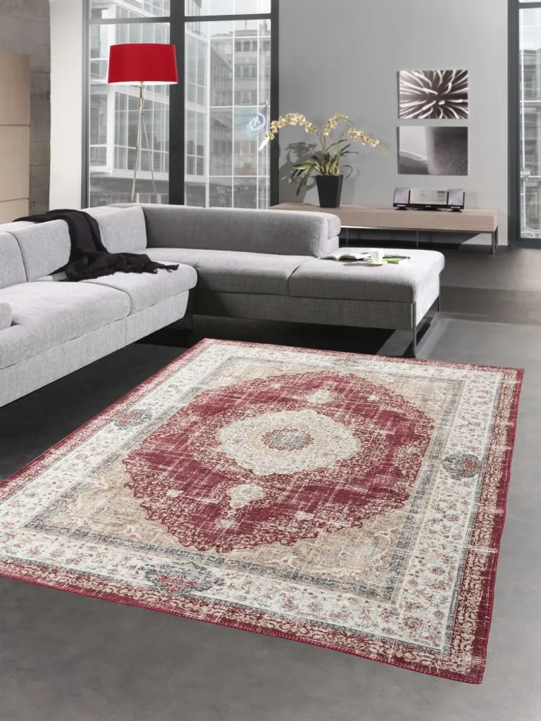 Tapis d'Orient Classique Beige et Rouge 120x170 cm avec Décor Floral