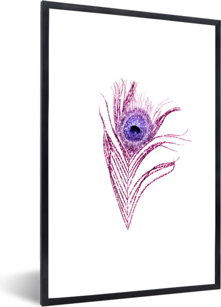 MuchoWow Gerahmtes Poster Pfauenfedern - Lila - Glitter 20x30 cm - Poster mit Schwarzem Bilderrahmen Wandposter Rahmen Foto Bilder - Drucken - Bi...