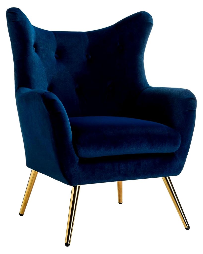 Gemütlicher Ohrensessel mit gepolstertem Samt und goldenen Metallbeinen für Wohnzimmer und Schlafzimmer, Blau