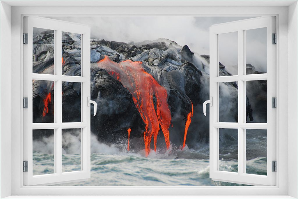 Wallario Poster mit Fenster-Illusion: Lavastrom ins Meer, Größe: 61 x 91,5 cm (Maxiposter)