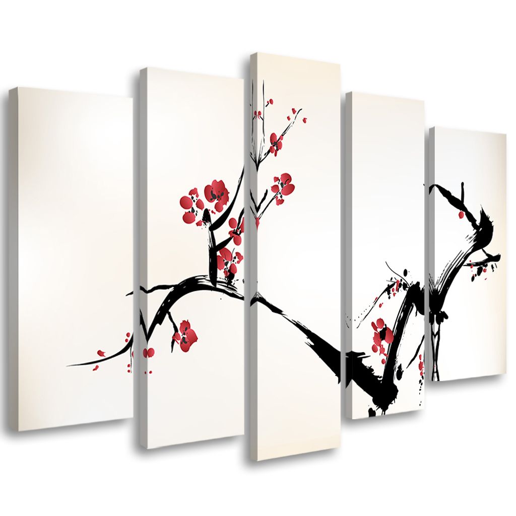5-teiliges leinwandbild kirschblüte japan natur 200x100 cm Feeby beige wandbild bereit zum aufhängen