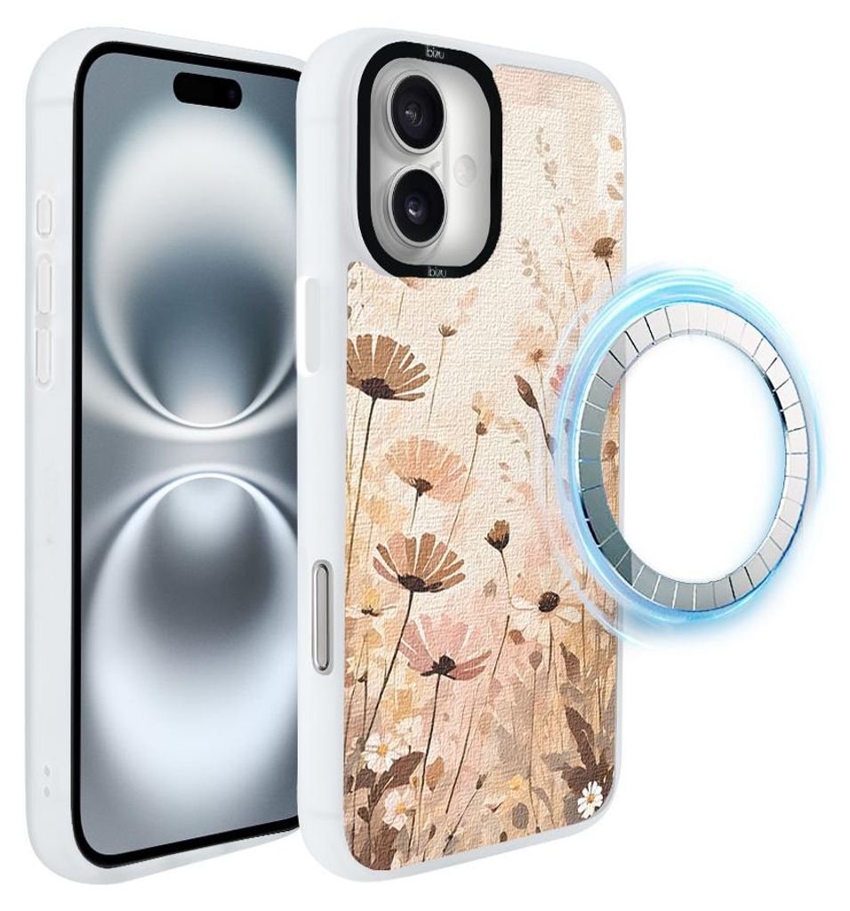Schutzhülle für das iPhone 16, MagSafe-kompatibel, mattweiße Seiten, Blumen, Wiese, im Boho-Stil
