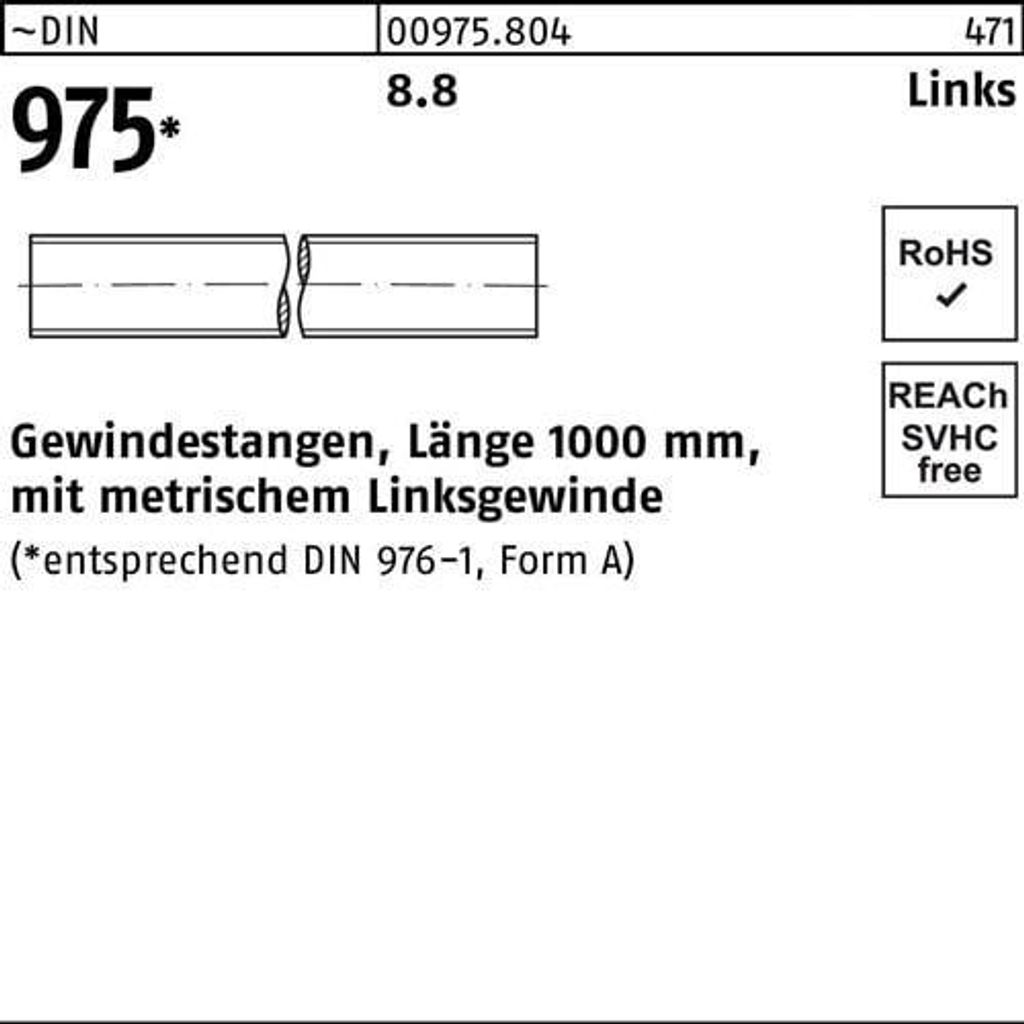 Gewindestange DIN 975 links M12 -LHx 1000mm 8.8 1 Stück