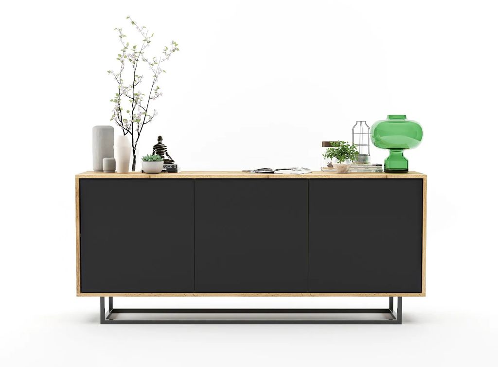 Loft Kommode TV Eiche Wotan TV-Sideboard Apollo Loft Style 3D Modern Lindner Möbel 168cm x 35cm x 72 cm Farbe: Wotan Eiche matt - Schwarz matt