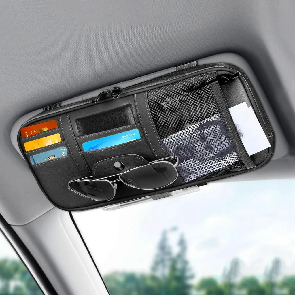 Porte-lunettes voiture cuir premium et pochette cartes pare-soleil