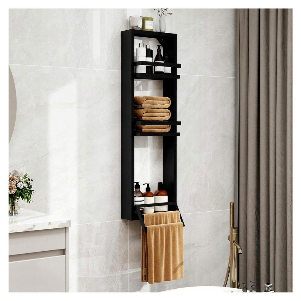 3-stufiges Duschregal mit Handtuchhalter, Badezimmer Organizer, Badregal, Shampoo Halterung für Dusche, 30x10x100cm, MDF-Holz, Schwarz