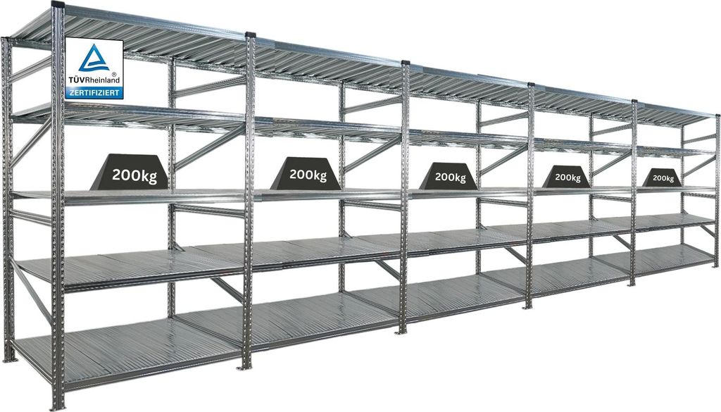 Fachbodenregal PROXIMO mit Stecksystem | Komplettregal | HxBxT 200x600x80cm | 5 Ebenen | Fachlast 200 kg | Beidseitig nutzbar | Verzinkt