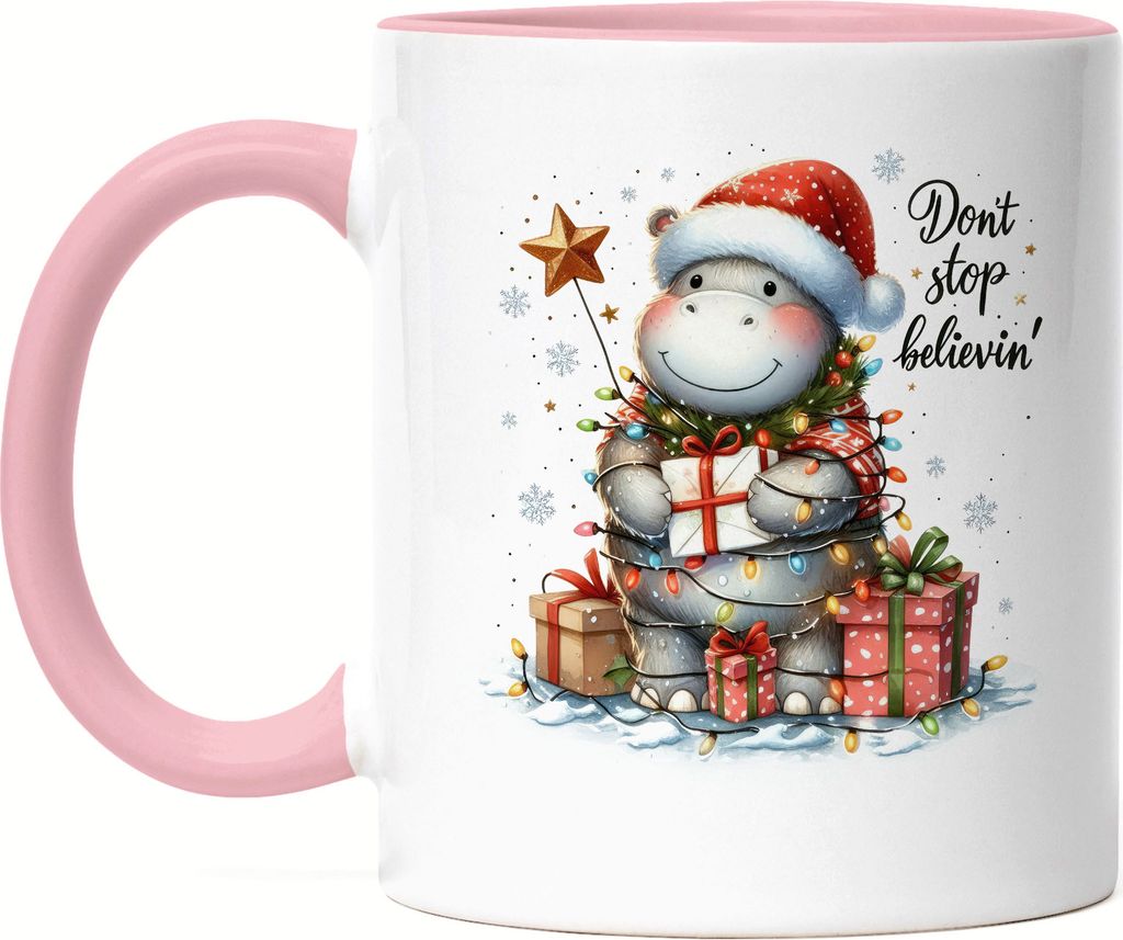 Don't Stop Believin' Lustiges Nilpferdmotiv Tasse Rosa Geschenkidee witziges Design Weihnachten