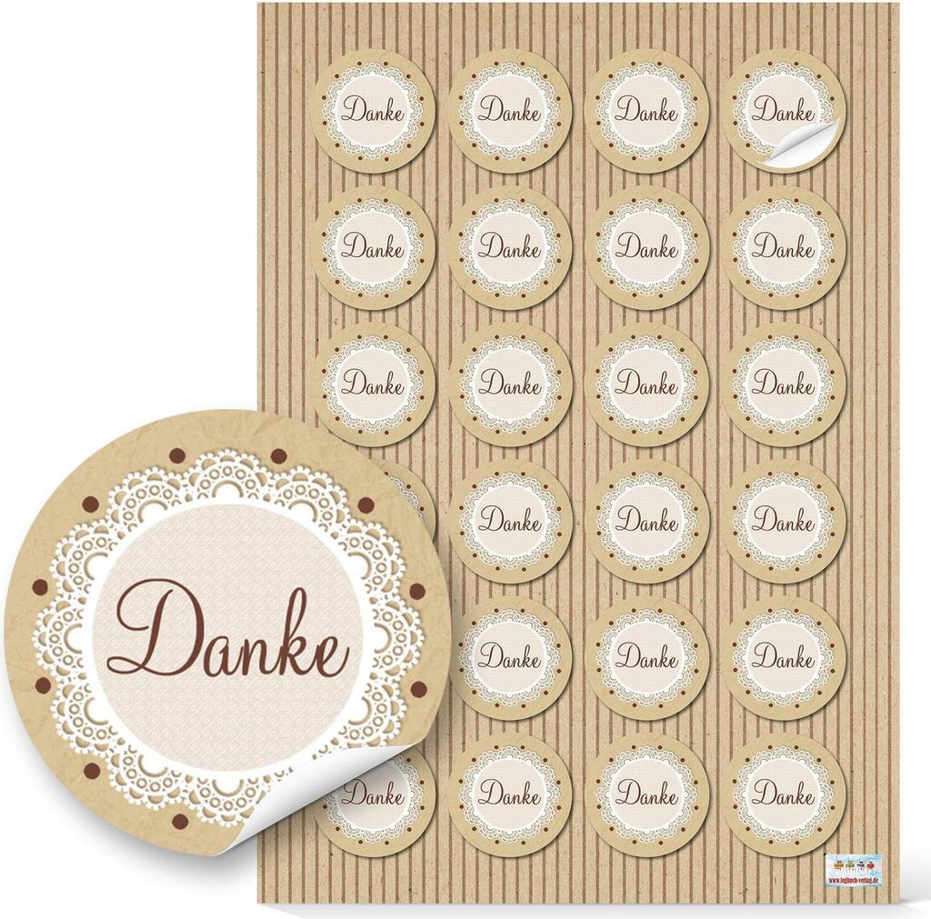24 kleine runde DANKE Aufkleber Geschenkaufkleber natur beige braun vintage Dankeschön Sticker Etiketten 4 cm Geschenk-Verpackung Gastgeschenk Hoc...