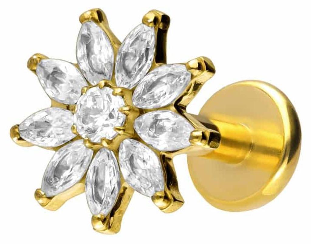 Ohrpiercing, Nasenpiercing Titan Labret mit Push Fit KRISTALLBLUME Gold Stablänge: 5mm | Stabstärke: 1,2mm