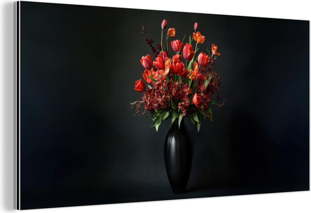MuchoWow Wanddekoration Metall Metallbild Wandkunst 40x20 cm Blumenstrauß - Tulpen - Vase - Rot MuchoWow Aluminium Gemälde - Bild - Aluminium
