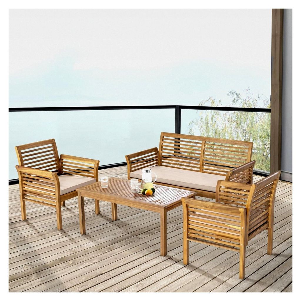 Gartenmöbel Set Candela 4-teilig. Sitzgruppe mit Kissen aus Akazienholz, 1 Tisch, 2 Stühle, 1 Sitzbank in Holzfarben/Beige
