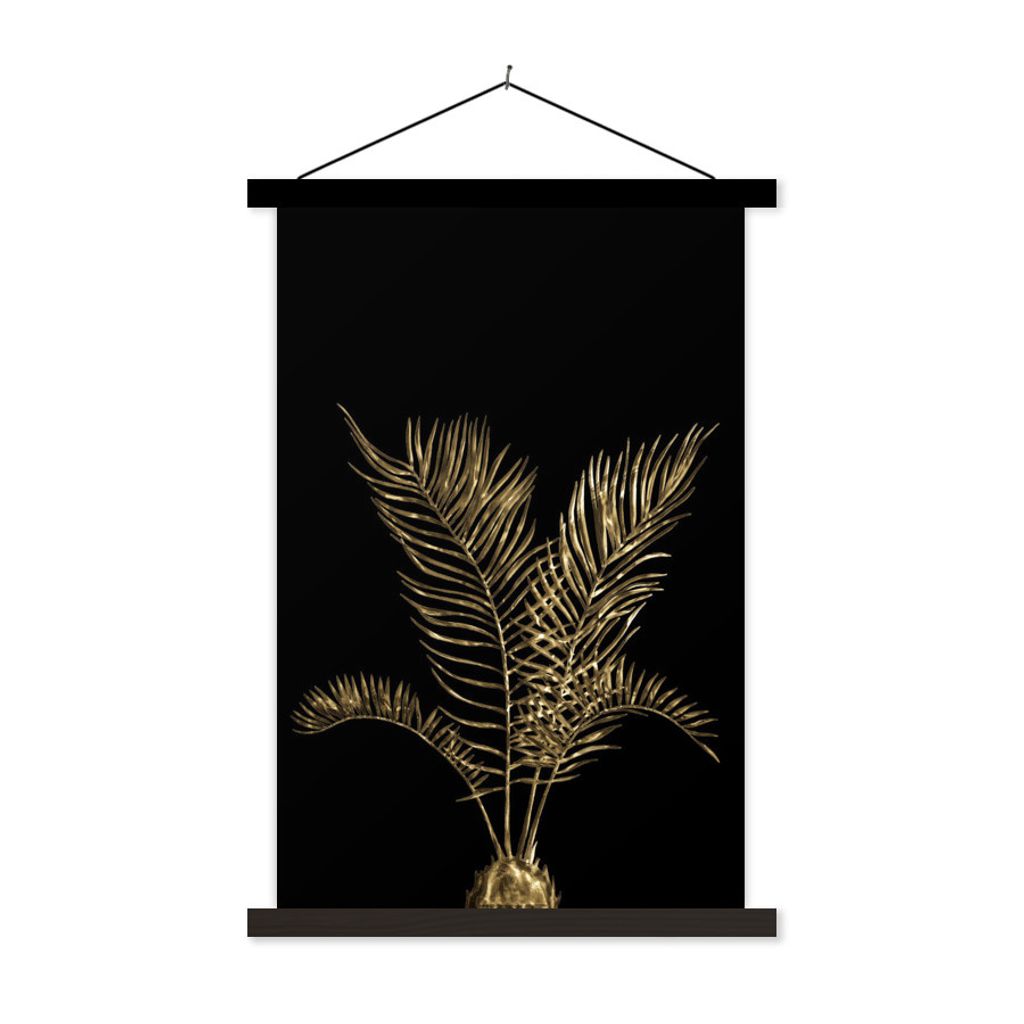 MuchoWow Textilposter Blätter - Schwarz - Gold 60x90 cm mit schwarzem Rahmen - Poster Wohnzimmer