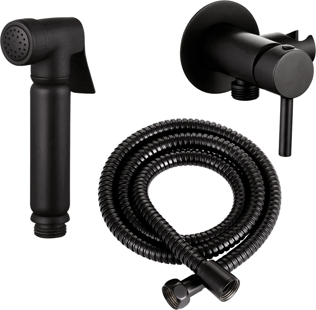 A black bidet sprayer set with a hose and a wall-mounted mixer tap.