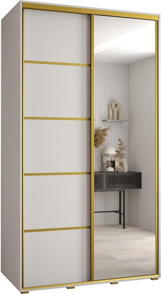 MEBLE KRYSPOL Cannes 5 Schrank mit 2 Schiebetüren - 205,2x140x60 cm - Weiß Weiß Gold