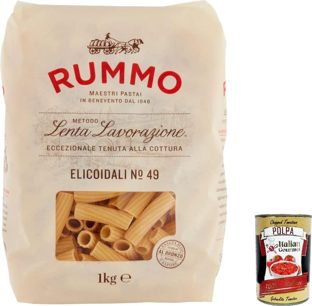 8x Rummo Elicoidali N. 49 Hartweizengrieß Pasta Italienische Nudeln 1kg Packung + Italian Gourmet Polpa di Pomodoro 400g Dose