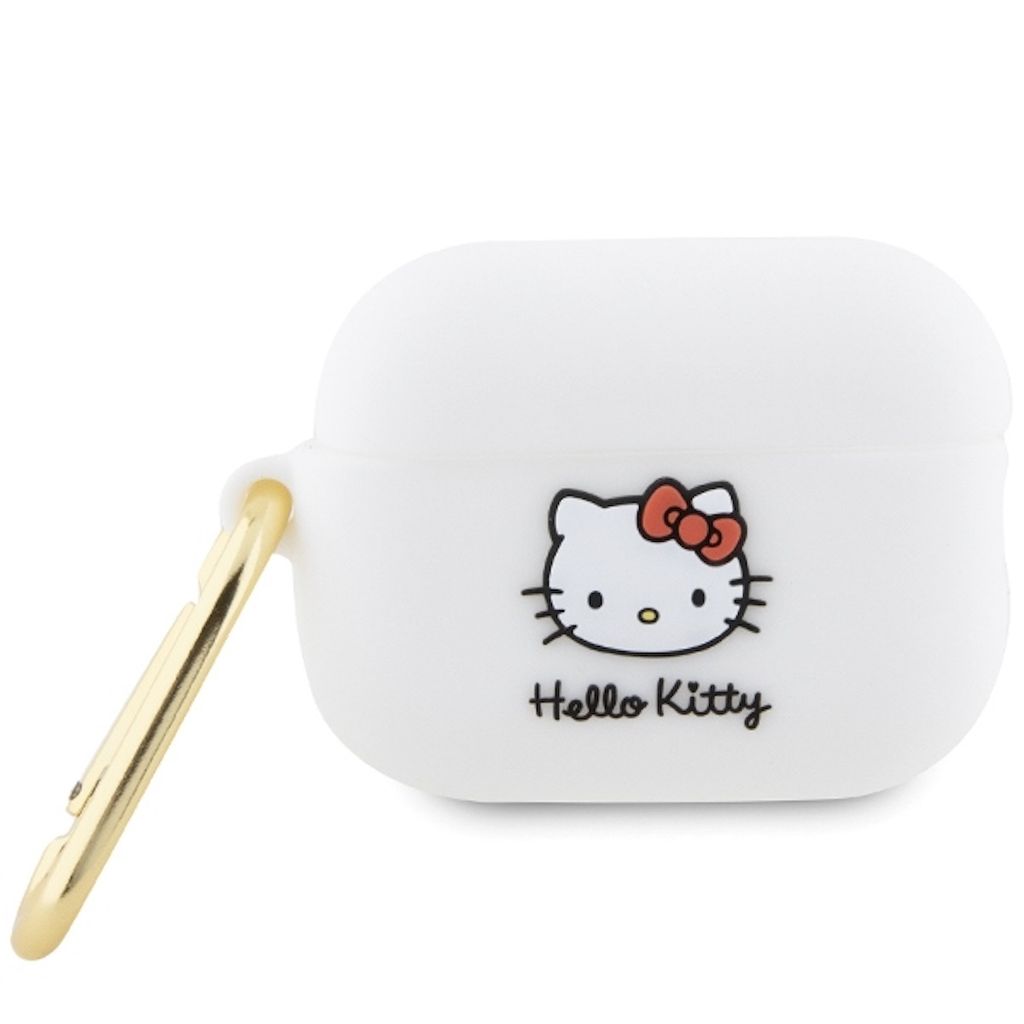 A white Hello Kitty branded Airpods Pro 2 case with a gold clip.
