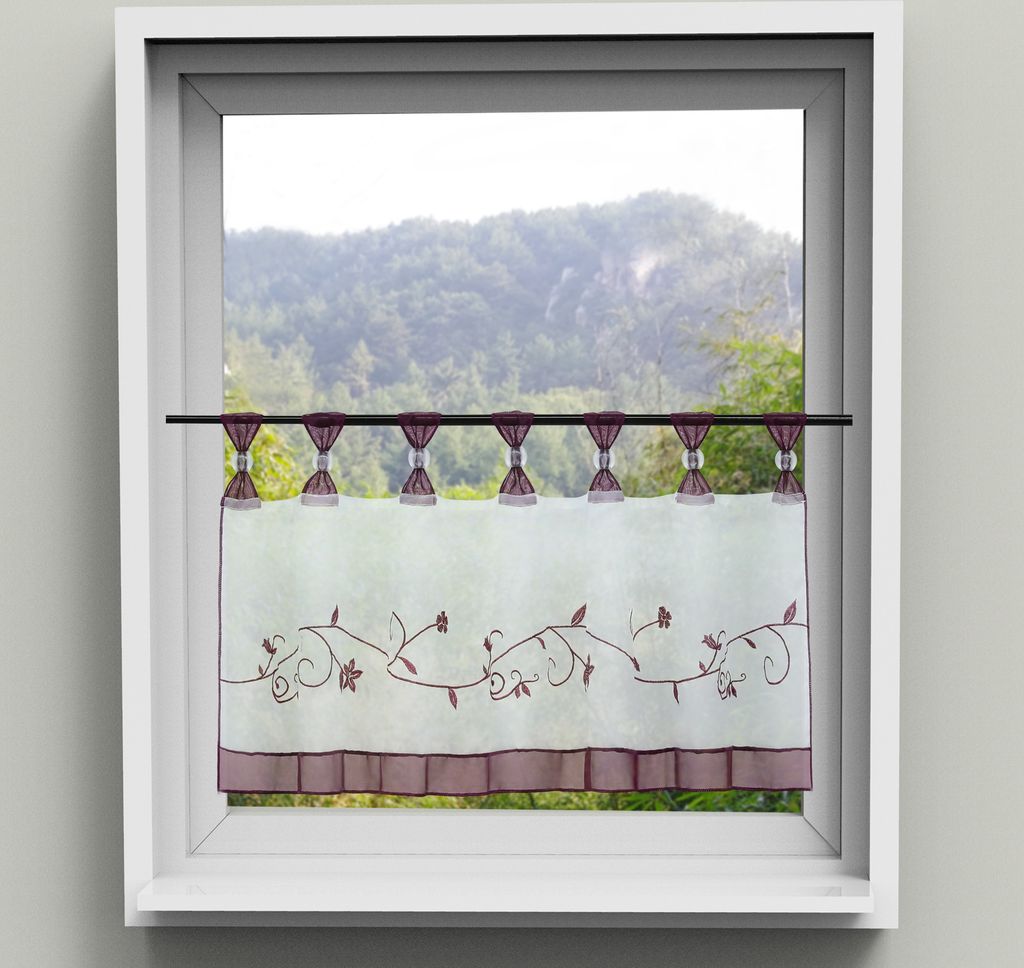 Scheibengardine Küchengardinen Kurzstore mit Schlaufen Voile Bistrogardinen mit Blumen-Stickerei Lila BxH 120x45 cm