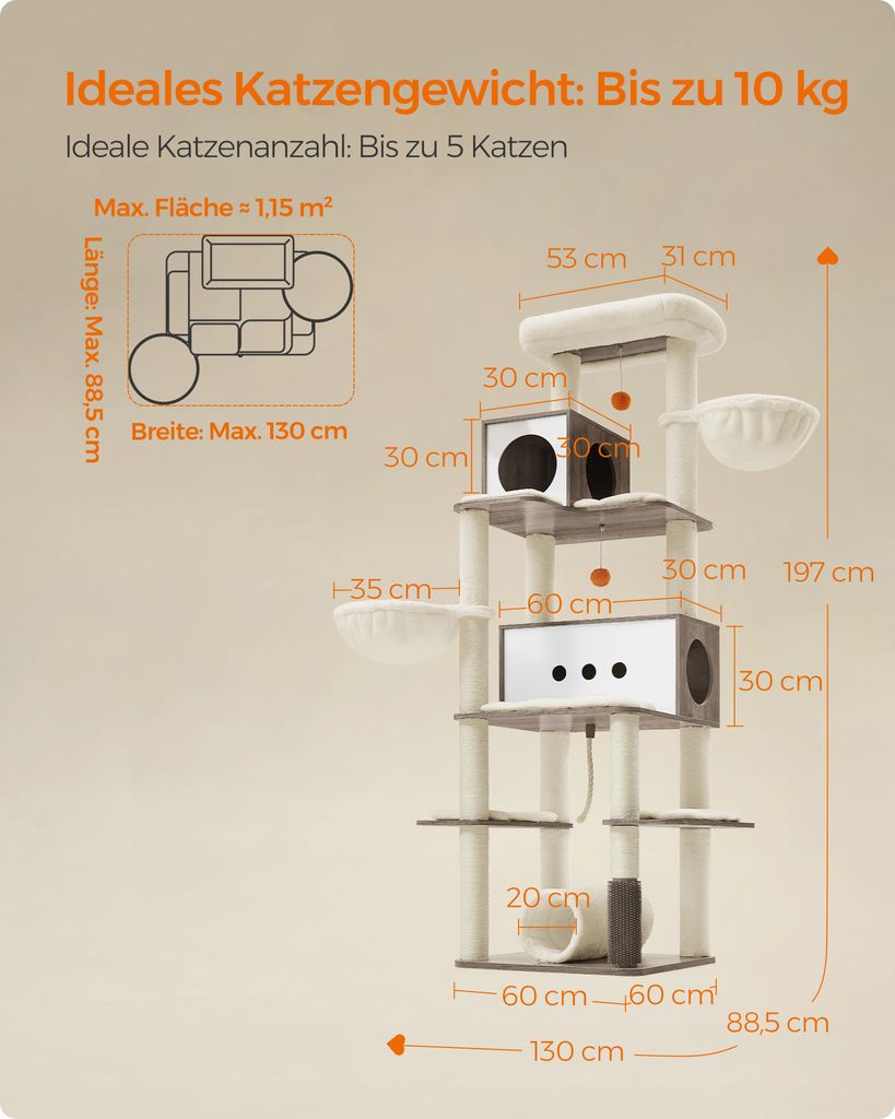 Feandrea Kratzbaum groß, 197cm, Katzenbaum XXL, modern, Produktbild 3